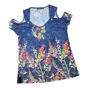 Off Shoulder Blue Pink Red Green Floral Shirt Size Small New With Tags.